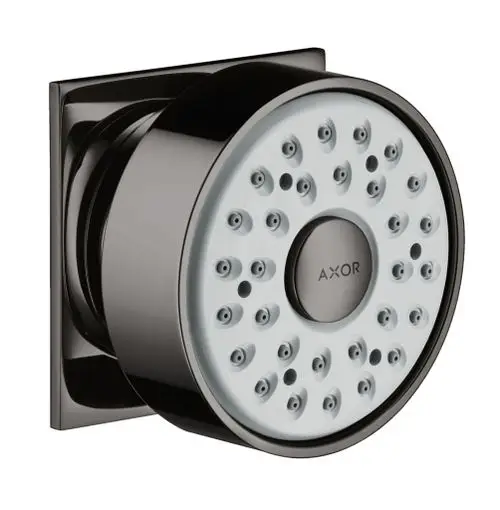 Kreisförmige Brause in glänzend schwarzem Chrom mit mehreren Auslassöffnungen, montiert an einer quadratischen Wandplatte, hergestellt von Hansgrohe.